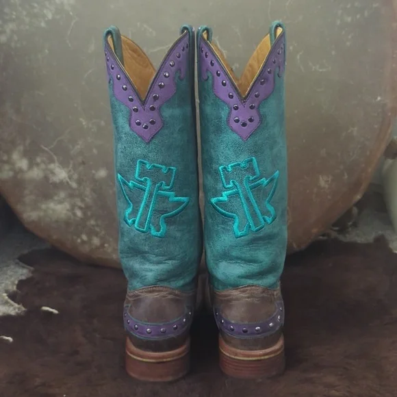 TIN HAUL ladies "WILD ROSE" cowboy boots brown/teal/purple leather Arrows sz 8 - Picture 4 of 16